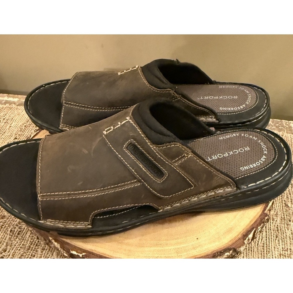 Rockport Darwyn Brown 2 Slide Sandals Men's Leather Sz-10 New